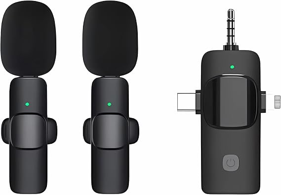 3 in 1 Wireless Lavalier Microphones for iPhone, ipad, Android, Camera, 2 PCS Mini Lapel Mic with Noise Reduction for Video Recording, Interview, YouTube, Live Stream (2 Mics - 3 in 1, Black)