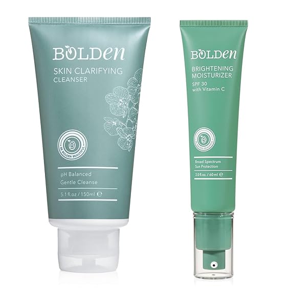 Bolden Skin Clarifying Cleanser & SPF 30 Brightening Face Moisturizer Bundle pH-Balanced, Sulfate-Free Gel Cleanser for Oily, Blemish-Prone Skin & Vitamin C Sunscreen with Broad Spectrum UVA/UVB Pro