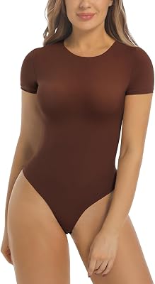 SHAPERX Womens Fit Everybody Bodysuit Soft Crew Neck T-shirt Body Suits with Thong Design