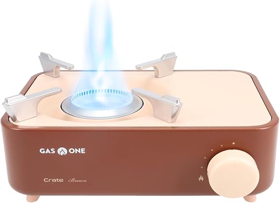 Gas One Butane Fuel Camp Stove Crate Series - Mini Stove for Camping, Hiking Portable Gas Stove with Spiral Flame Even Heat Distribution Modern and Easy to Use (Brown)