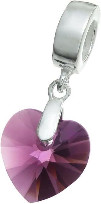 Sterling Silver Austrian Elements Birthday February Purple Heart European Dangle Charm Using Austria Crystal