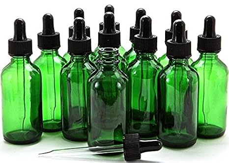 Premium Vials, 12, Green, 2 oz Boston Glass Bottles, with Glass Eye Droppers (12, 2 Ounce)
