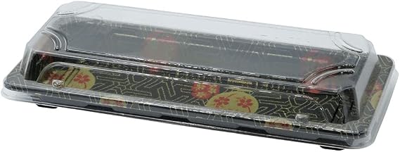 Small Black Sushi Trays with Lids 8.75 x 3.75 Inch - Disposable Sushi Packaging Box, Carry Out Container, Take Out Boxes, Black Plastic To Go Containers, Entrees, Appetizers or Desserts (50)