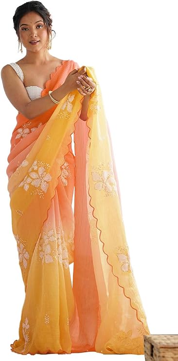 Indya Orange Yellow Embroidery Silk Blend Saree Set for Festive & Party | Indya Orange Yellow Embroidery Silk Blend Saree Set | Perfect for Festive & Party Wear