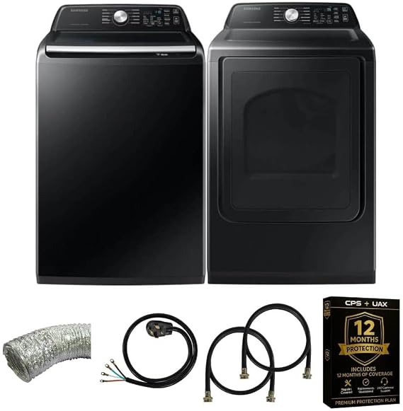 Samsung Smart 4.7 Cu Ft Top Load Washer & 7.4 Cu Ft Electric Dryer, Sensor Stops Overdrying, Low Vibration Quiet Wash, WaterJet w/Power Cords, Hoses, Vent Duct, 1 Year CPS Protection Bundle (Black)