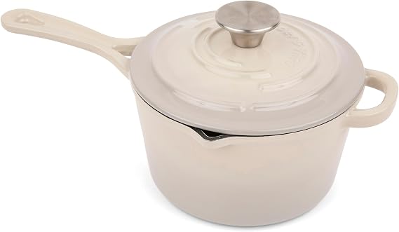 Larder & Vine Enameled Cast Iron Saucepan | 2.2 qt Sauce Pan with Lid | Saucepan with Pour Spouts | Enameled Cast Iron Pot Compatible on All Cooktops & Oven Safe to 500 F | Stone