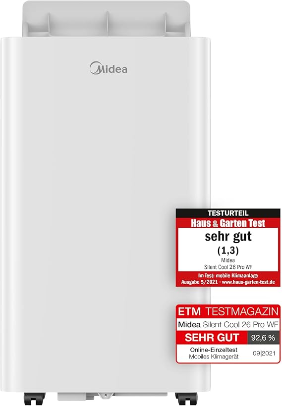 Midea Silent Cool 26 Pro WF Mobile Air Conditioner 3-in-1 Air Conditioner with Exhaust Hose Cooling & Dehumidification & Ventilation 9000 BTU 2.6 kW for Rooms Approx. 80 m³ (32 ㎡) Energy [Energy Class A]