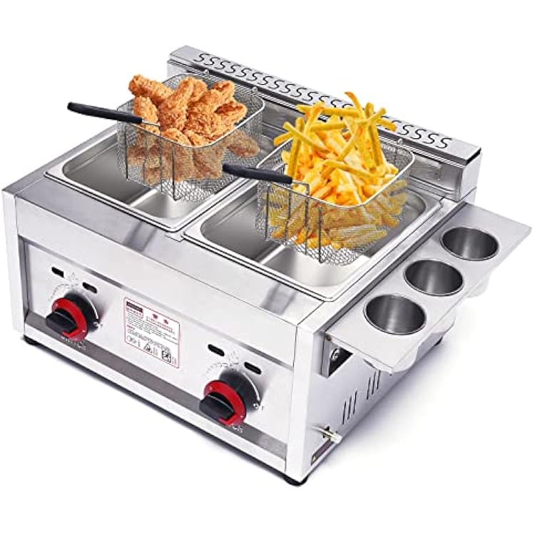 Commercial Gas Deep Fryer 12L Stainless Steel Dual Tank Gas Deep Fryer with 2 Baskets&Lid Countertop Fryer Frying Machine for Restaurant and Home Use