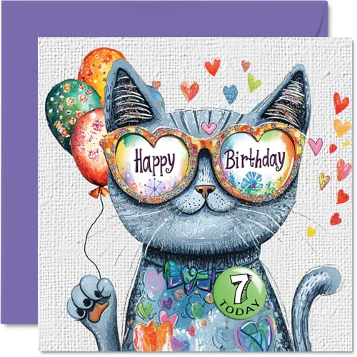Stuff4 7th Birthday Card Girl - Purrfect Cat Balloons - Cat Birthday Card for 7 Year Old Girl, Age 7 Girls Cards, 5.7 Inch Cats Greeting