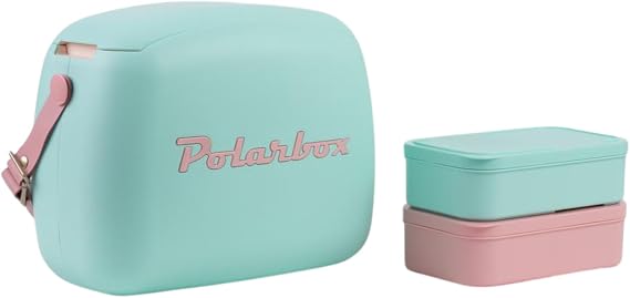 Polarbox Lunch Tote Cooler Bag | Retro Lunch Box Picnic Reusable Lunch Bag Vintage Mini Cooler Hand Bag Includes 2 Food Containers! Food & Drinks Work, Travel, Beach, Camping Hiking 6L (Cyan Rose)