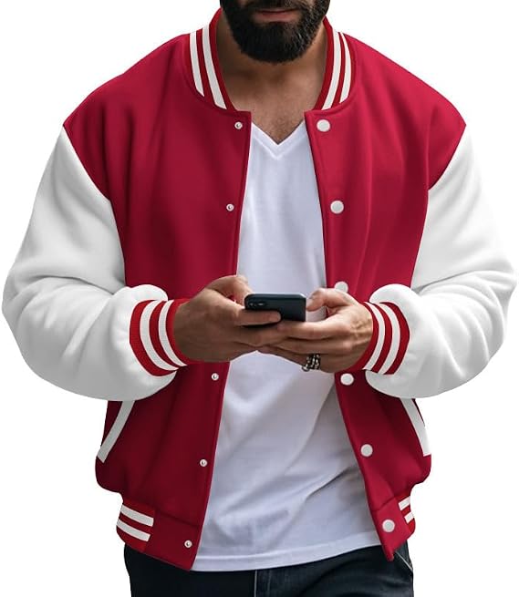 Men's Varsity Baseball Jacket Classic College Style Bomber Coat with Striped Ribbed Collar Casual Outerwear