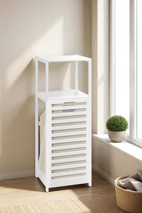 Digithome Bamboo White Matte Lacquered Dirty Basket 2 Shelves Bathroom Organizer Laundry Basket DB-0020