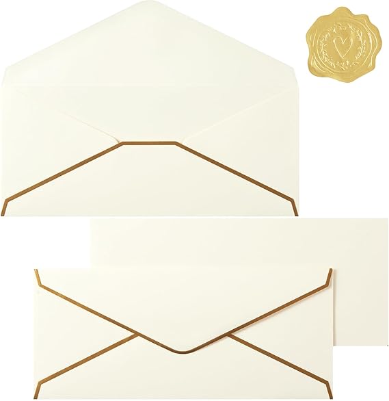 30 Pack #10 Business Envelopes with Stickers, Thick Paper, Cream Color | 4 1/8 x 9 1/2 Inches, Self Seal Standard Envelopes with Gold Border For Letter Mailing, Greeting Cards