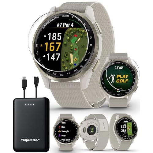Garmin Approach S50 Cream GoldIvory Golf GPS Smartwatch Bundle - 1.2 AMOLED Display, On-Course Features, Wrist Heart Rate with PlayBetter Screen Protectors & 5000mAh Portable Charger