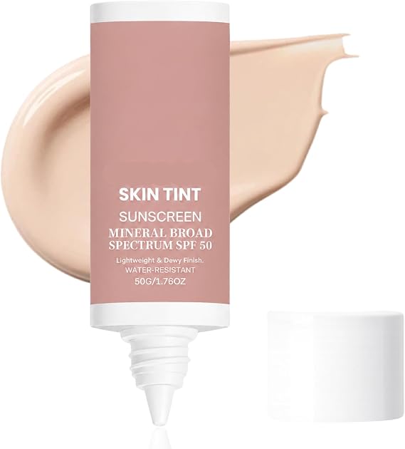 Tinted SPF 50 Mineral Face Sunscreen, Lightweight Dewy Skin Tint, Water-Resistant Broad Spectrum Sun Care for Daily Face Routine, 50g