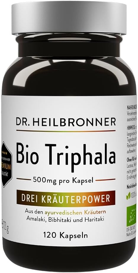 Dr. Heilbronner Organic Triphala - Three Herbal Power I Ayurvedic Herb Blend with Amalaki Amla - Bibhitaki - Haritaki I Natural Products Free from Gluten I 120 Capsules Vegan in Glass Bottle
