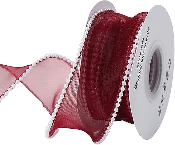 4cm*5 Yard Pearl Edge Organza Chiffon Ribbon Sheer Chiffon Ribbon for Bouquet Gift Wrapping,Red