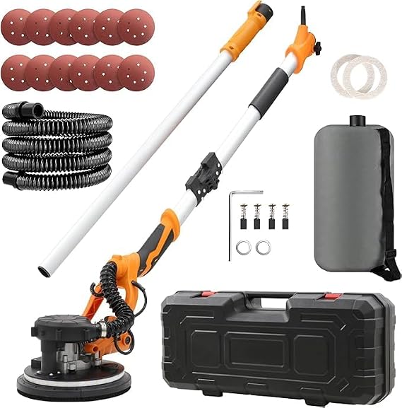 Drywall Sander 1250W,11.5A Electric Drywall Sander with Vacuum,with 12 PCS Sanding Discs, 5 Variable Speed, Extension Handle,LED Light,Variable Speed 500-1800RPM