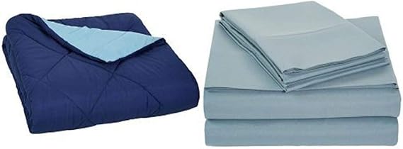 Amazon Basics Navy Blue Comforter (Full/Queen) and Spa Blue Sheet Set (Full)