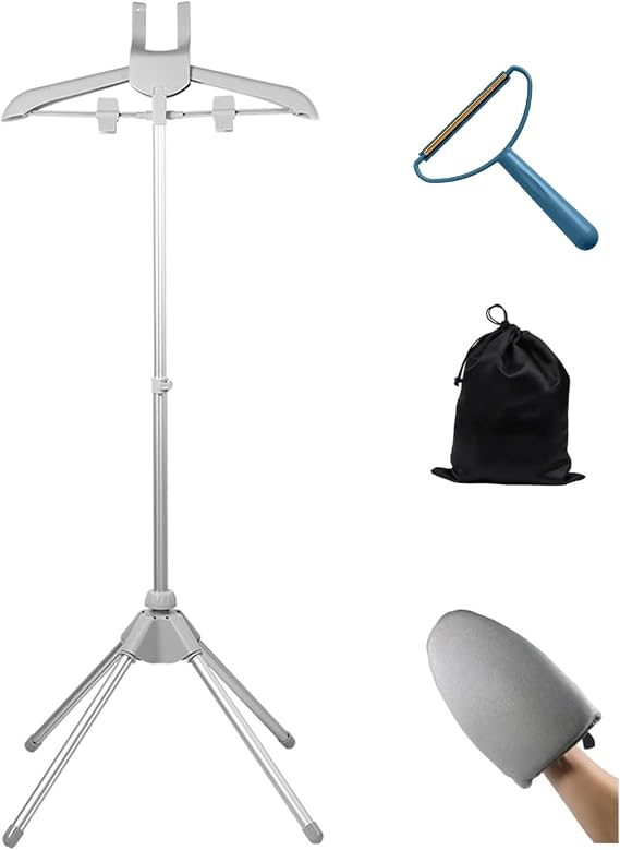 Adjustable Height Garment Steamer Stand with Ironing Gloves, Foldable Steamer Hanger Rack for Clothes with Storage Accessories, Stable Steam Ironing Stand for Home and Commercial Use. (Silver Gray)