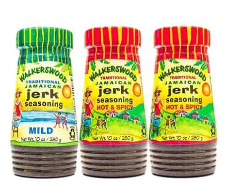 Walkerswood Traditional Jamaican Jerk Seasoning, 2 x Hot & Spicy and 1 x Mild Combo Pack Jamaican Jerk Seasoning, 10 oz (Pack of 3)