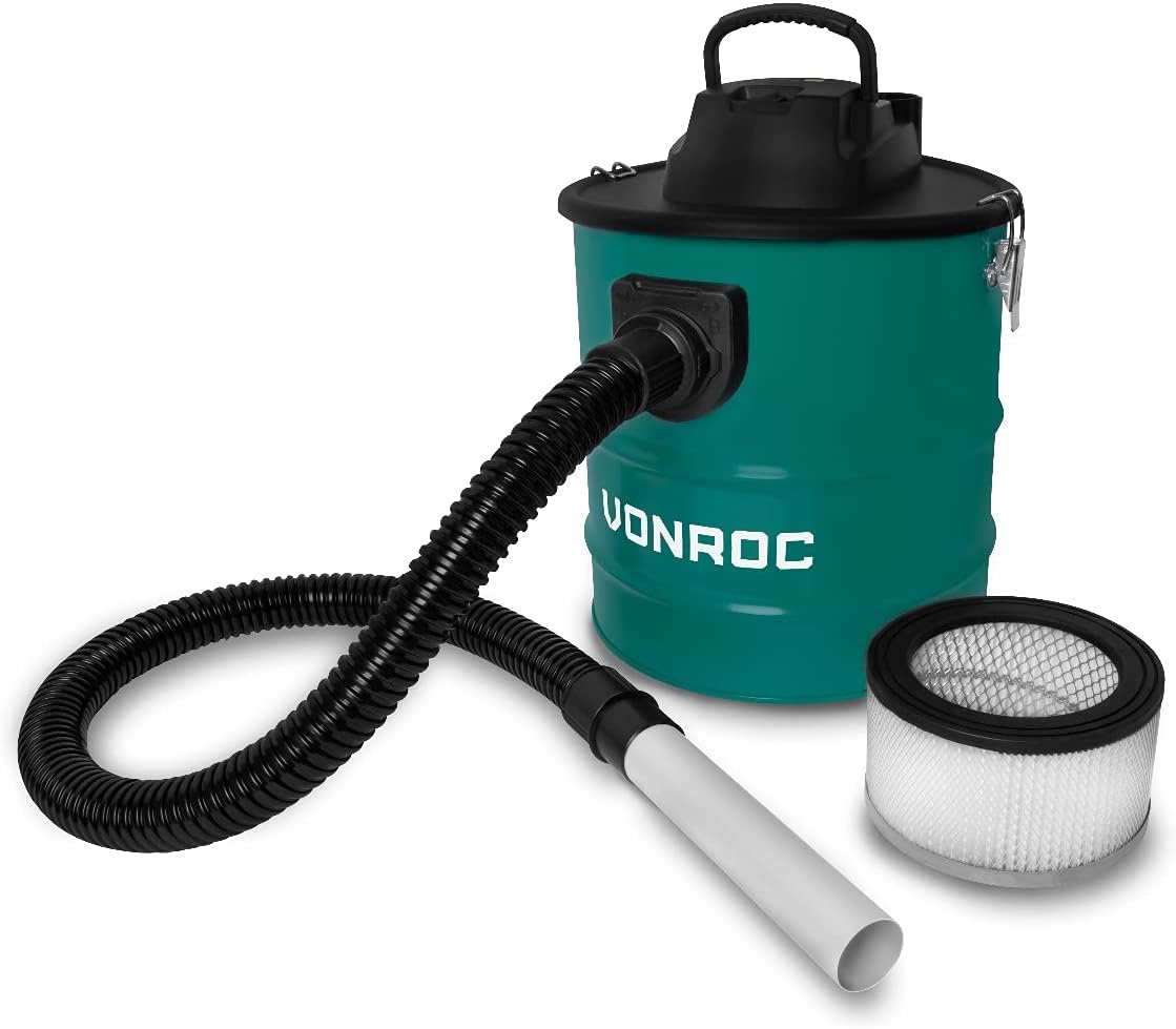 VONROC Ash Vacuum Cleaner 1600 W - Tank with 20 L 3 m Power Cable 1.2 m Hose and Aluminium Nozzle - for Fireplace Fire Pit Grill and Workshop