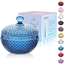 Joeyan 12 oz Small Blue Glass Jewelry Box Jars with Lid,Embossed Glass Candy Dishes,Diamond Faceted Food Container,Decorative Apothecary Canisters,Colored Kitchen Bathroom Buffet Storage Organizer