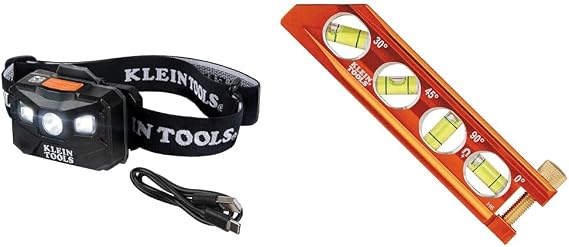 Klein Tools 56048 Rechargeable Auto-Off LED Headlamp, Adjustable Fabric Strap & 935AB4V Level, 6-Inch Magnetic Torpedo and Conduit Level with 0/30/45/90 Degree Vials, V-Groove and Magnet Track