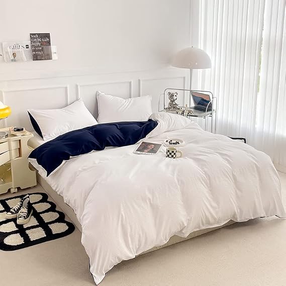 3-Piece Solid Color Waffle Texture Brushed Microfiber Duvet Cover Set with Pillowcases, Full, Beige and Navy