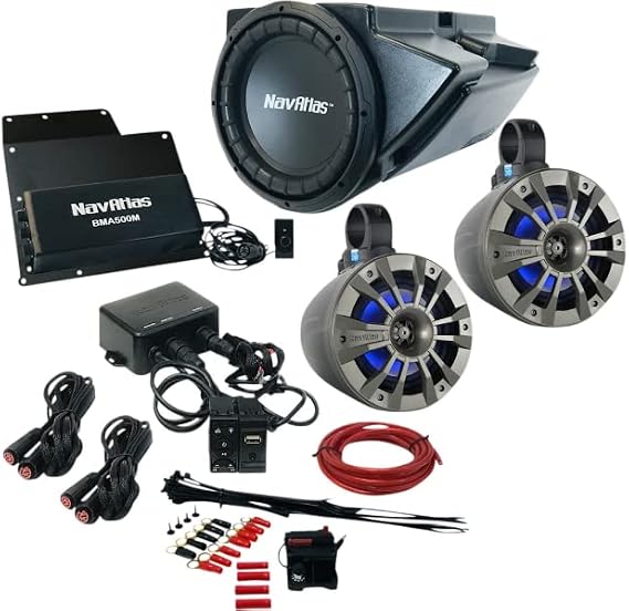 NavAtlas RZR2ZONE3 - NA2BT Bluetooth Receiver with Roll-Bar Speakers, Glove-Box Subwoofer, and Wiring Compatible with 2016-2020 Polaris RZR