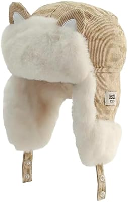 URAWOW Cat Ear Trapper Hat with Ear Flaps Women Plush Fur Fuzzy Furry Windproof Winter Aviator Riding