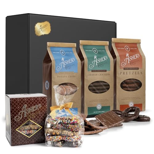 Ashers Chocolates Holiday Gift Box, Milk and Dark Chocolate Assortment, Ready to be Wrapped, Milk Chocolate Chips, Dark Chocolate Grahams, Dark Chocolate Pretzels, Milk Chocolate Mini Grahams 4 Bags, Exclusive Black