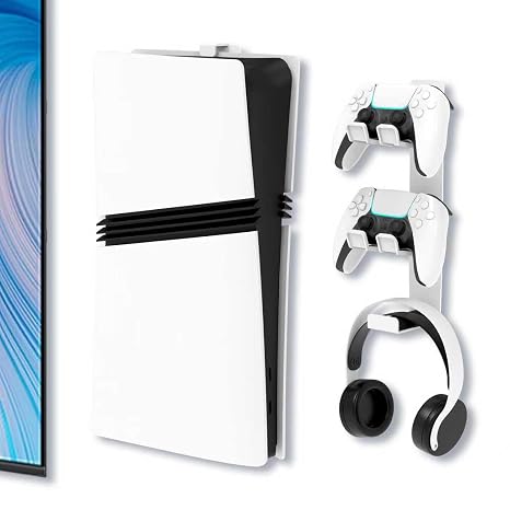 Wall Mount for PS5/PS5 Slim/PS5 Pro Console-, Sturdy Metal Bracket Compatible with All PlayStation 5 Models(Digital and Disc),+1Controller Headphone Holder, Sturdy and Not Fall Off,White