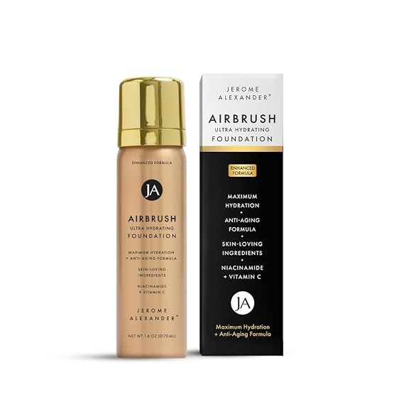 Jerome Alexander Airbrush Foundation Ultra Hydrating, Spray Foundation Makeup with 2x the Active Ingredients, Ultra-Light, Buildable, Full Coverage Formula (Warm Medium)