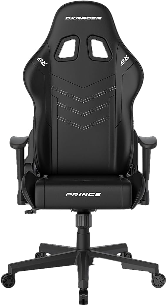 DXRacer Prince L PF132 Gaming Chair/Office Chair with Height-Adjustable Armrests. Ergonomic Swivel Chair, Faux Leather, Black with White Contrast Stitching