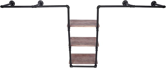 Industrial Pipe Clothing Rack Rustic Garment Hanging Bar, Retail Display Shelf with 3 Tiers Wood,Wall Mounted Boutique Bedroom Multi-Purpose Storage Rack (Black)