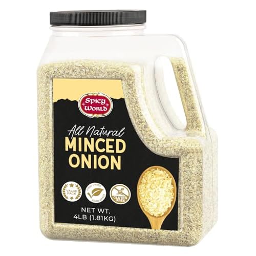 Spicy World Minced Onion 4 LB Jar Gluten Free, Bulk Dehydrated Chopped Onions for Cooking, Dried Onion Flakes, Non-GMO, Long Shelf Life, Great for Soups, Stews, and Seasoning