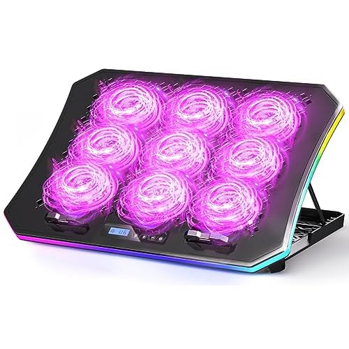 KeiBn Laptop Cooling Pad, Gaming Laptop Fan Cooling Pad with 9 Quiet Fans, RGB Laptop Cooler for 15.6-17.3 Inch, Cooling Pad for Laptop with 7 Height Stands, 2 USB Ports, Phone Stand-Purple