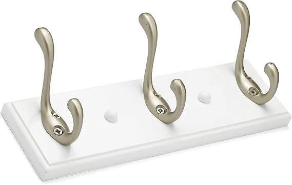 Richelieu | Wood Hook Rack with 4 Metal Coat Hooks, Matte Nickel and White