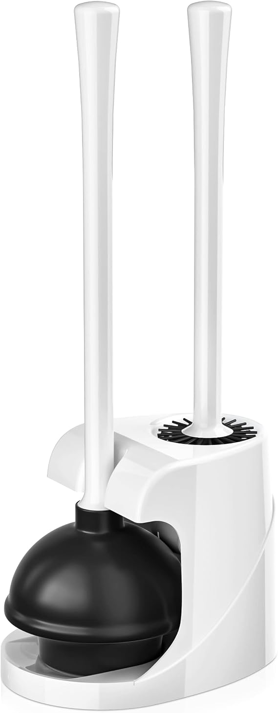 Toilet Plunger and Brush Set, Silicone Toilet Brush and Plunger with Holder for 5.7-inch Toilet Drain, 2-in-1 Toilet Brush Plunger Combo with Caddy Stand (White)