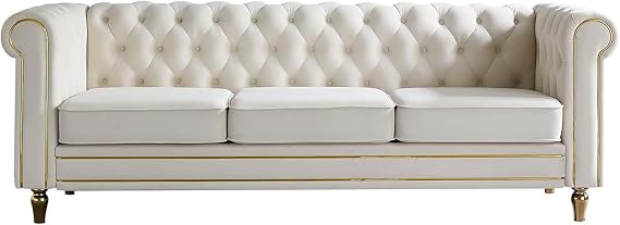 Chesterfield Velvet Sofa 84.65 Inch Beige Color
