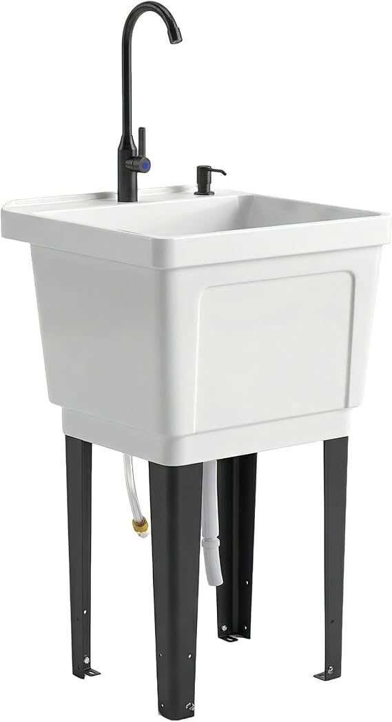 Outsunny 23 Gallon Utility Sink Laundry Tub Freestanding Faucet | for Washing Room, Laundry Sink, Soap Dispenser, Inlet and Drain Hoses, Portable Utility Tub, Indoor & Outdoor