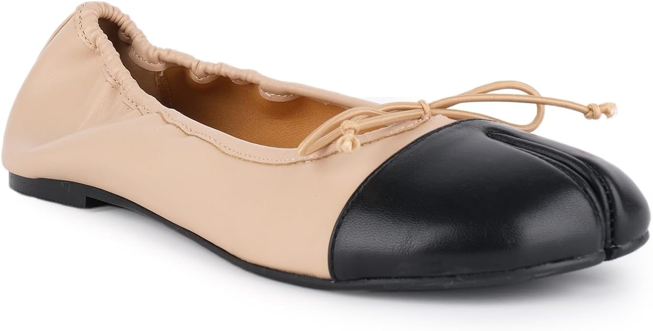 VERISSON Women's Tabi Flats with Bow Black White Two-Tone Split Toe Ballet Flats Cap Toe Comfort Street Dress Shoes