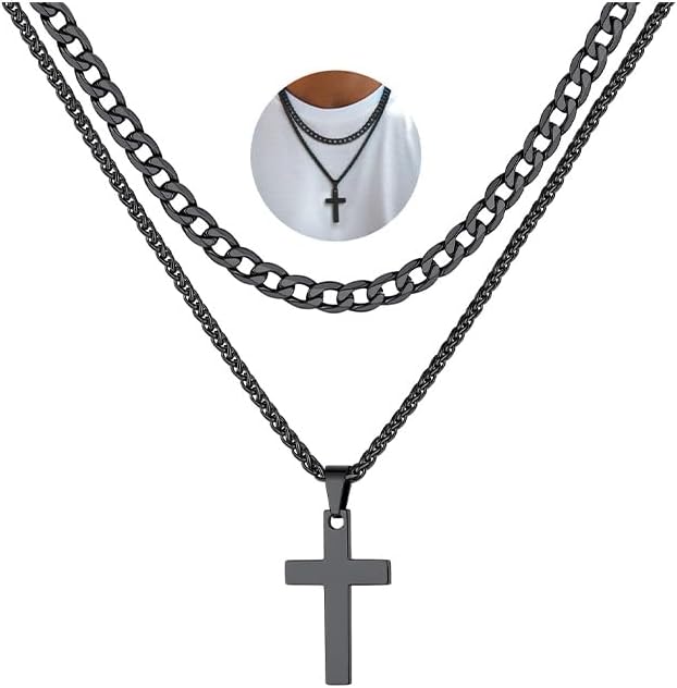 FaithHeart Cross Necklace for Men, Silver/Black/Gold Crucifix Necklace Stainless Steel Pendant with Cuban Chain Jesus Cross Necklaces Religious Gifts for Men