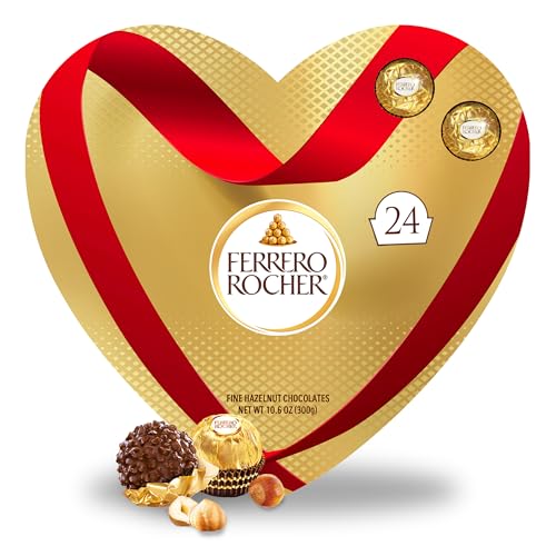 Ferrero Rocher, 24 Count, Premium Milk Chocolate Hazelnut, Valentines Chocolate Heart Gift Box, 10.6 oz