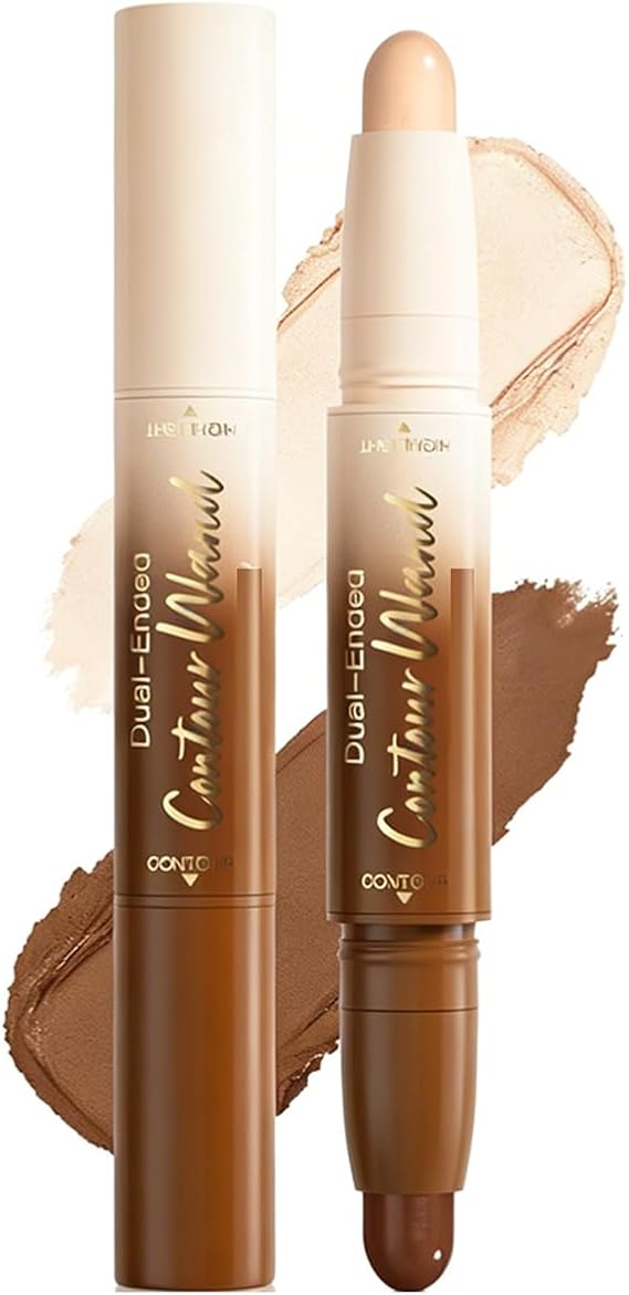 Dual-End Contour Stick, Cream Contour & Highlighter Stick, Moisture-Resistant Extended Wear Face Sculpting Makeup for Concealing, Brightening and Defining Facial Contours (#2)