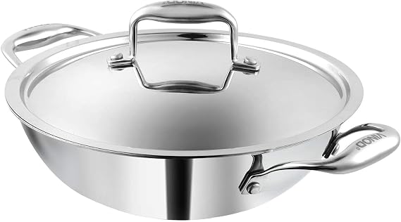 Vinod Platinum Extra Deep Stainless Steel Tri Ply Kadai Wok Saucepan Induction Friendly with Stainless Steel Lid, 24cm, 3.3 LTR