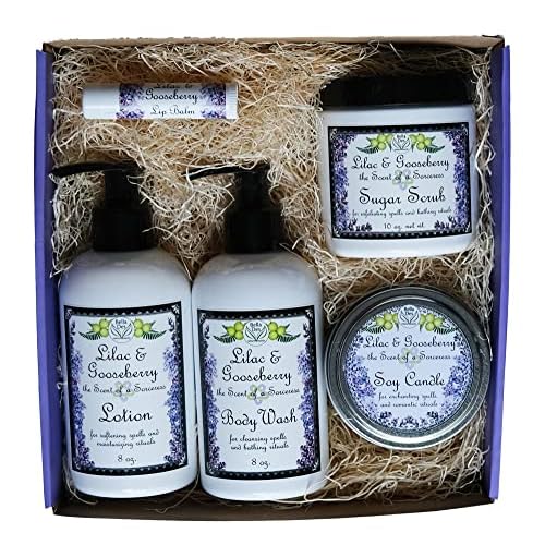 Lilac and Gooseberry Gift Box | Lotion, Body Wash, Scrub, Candle and Lip Balm | Full Size Products | In Box with Bow and Card | Yennefer Perfume Scent of a Sorceress by Bella Des Natural Beauty