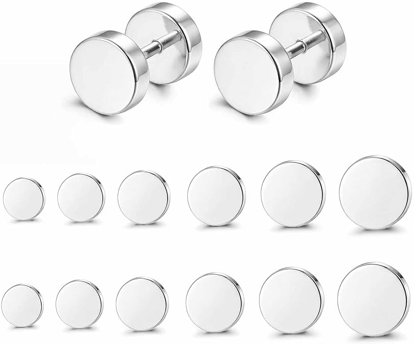 FIBO STEEL Black Stud Earrings for Men Women Stainless Steel Fake Ear Gauge