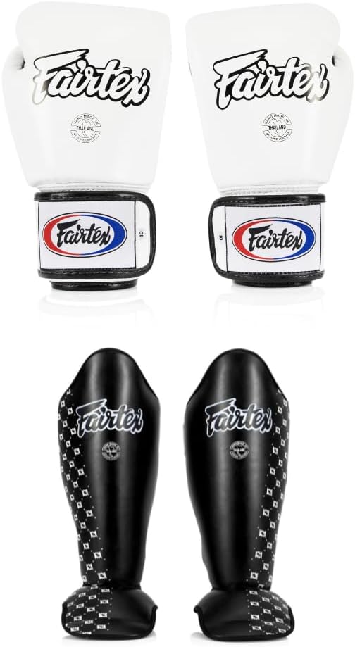 Fairtex BGV1 16 oz White Glove + SP5 Black Medium Shin Guards